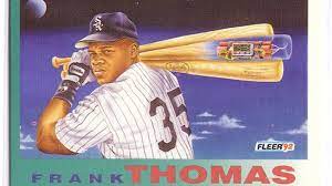 The game proceeds when a player on the fielding team, called the pitcher, throws a ball which a player on the batting team tries to hit with a bat. Frank Thomas The First Baseball Card Bubble Hall Of Famer Sbnation Com