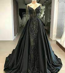 Gorgeous Mermaid Gothic Black Wedding Dress Detachable V Neck Satin Bridal  Gown | eBay