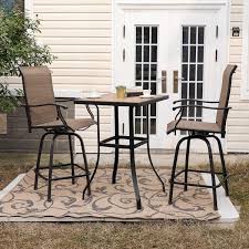 Phi Villa Black 3 Piece Metal Square Outdoor Patio Bar Set With Wood Look Bar Table And Swivel Bistro Chairs