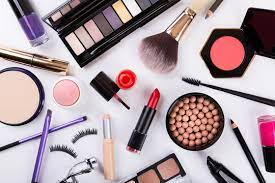 top view of makeup cosmetics set stock