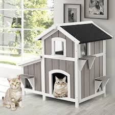 gray wooden 2 lever cat house