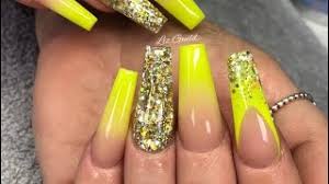 Yellow short coffin nails uv gel | short coffin nails designs, acrylic nails coffin short, yellow nails. Neon Yellow And Blingy Glitter Acrylic Nails Youtube