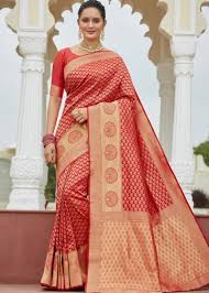 red zari woven wedding saree with
