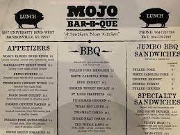 menu of mojo bar b que