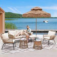 Nicesoul 6 Piece Boho Outdoor Furniture Beige Wicker Small Size Patio Conversation Sofa Set With Round Ice Bucket And Table