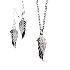 Stainless Steel Mini Angel Wing Jewelry Set Accented With Swarovski Crystals Psalm 91 11