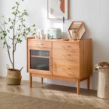 Natural Wood Sideboard With Glass Doors