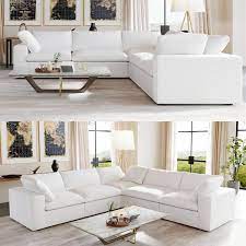Magic Home 120 45 In Free Combination Large 5 Seat L Shape Corner Modular Linen Down Upholstered Sectional Sofa With Ottoman White
