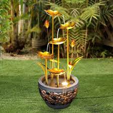 Afoxsos Metal Leaves Water Fountain Multi Tiered Garden Water Feature For Indoor Outdoor In Gold