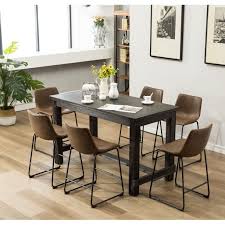 Black wood dining room chairs. Roundhill Lotusville 7 Piece Counter Height Antique Black Wood Dining Table With 6 Brown Faux Leather Chairs Walmart Com Walmart Com