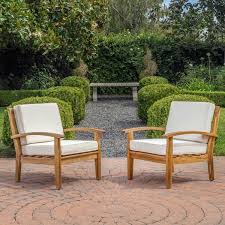 Noble House Peyton Outdoor Wooden Club Chairs W Beige Cushions Set Of 2