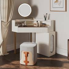 White Corner Makeup Table With Glass Top