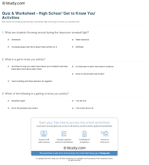 Quiz Worksheet High School Get To Know You Activities