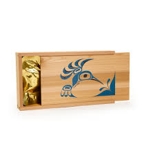 wooden gift box with smoked salmon