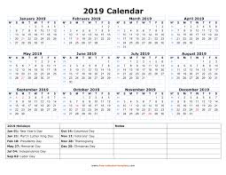 Printable Yearly Calendar 2019 With Us Holidays Free