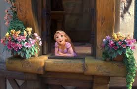 Rapunzel from Disney's "Tangled" leaning out a window and looking up while singing.