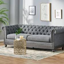 Noble House Leesburg Fabric Tufted 3 Seater Sofa With Nailhead Trim Charcoal And Black Gray