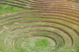 Round Ancient Terraces Of Peruvian Inca Agriculture Field Of
