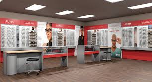 Red And White Optical Store Fixtures With Glasses Display
