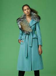 Elegant Blue Wool Coat With Fur Collar