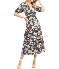 Gal Meets Glam Collection Tegan Smooth Crepe V Neck Floral Print Tiered Ruffle Midi Dress