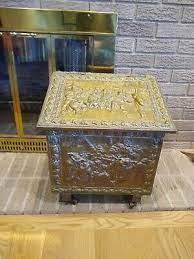 Vintage Brass And Wood Coal Storage