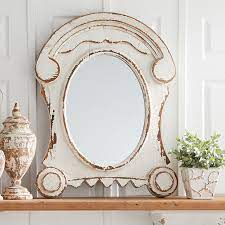 distressed white wash wood oval mirror
