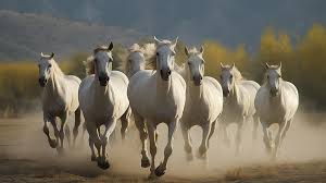 white horses running over a dirt field