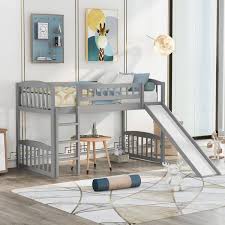 Gojane Gray Twin Size Loft Bed With Slide And Ladder