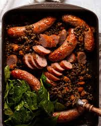 one pan baked sausage and lentils