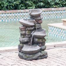 Sudzendf Outdoor 4 Tier Polyresin Cascading Rock Bowl Freestanding Stone Water Fountain With Led Light