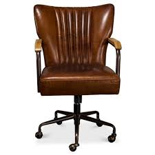 Think a classic black leather desk chair behind a wood desk. Eleanor Mid Century Modern Brown Leather Metal Base Swivel Office Chair Kathy Kuo Home