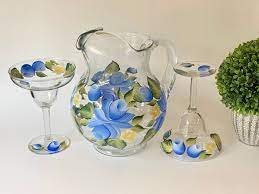 Painted Glass Pitcher Set Blue Roses