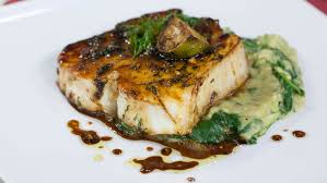 lacquered halibut with charred eggplant