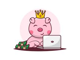 cute pig cartoon with laptop and money