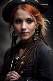 happy female pirate with red hair who