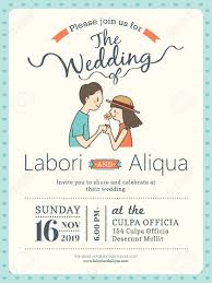 Wedding Invitation Card Template With Cute Groom And Bride Cartoon