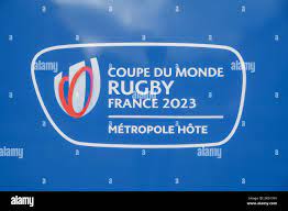 Logo of the Rugby World Cup France 2023. A giant countdown was installed in  Toulouse (France), one year before the launch of the 2023 Rugby World Cup,  on September 8, 2022. The