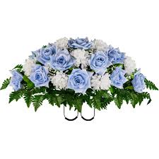 Cemetery flowers, cemetery saddles, headstone sprays. Sympathy Silks Artificial Cemetery Flowers Realistic Outdoor Grave Decorations Non Bleed Colors And Easy Fit Light Blue Open Rose White Mum Saddle For Headstone Walmart Com Walmart Com