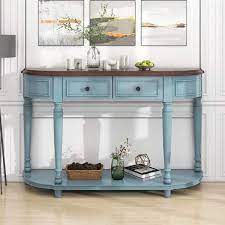 Retro 52 In Blue Curved Wood Console Table With Open Style Shelf And 2 Top Drawers