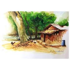 Village Hut Painting Watercolour Art