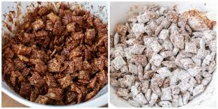 9 cups of chex, 1 cup chocolate chips, 1/2 cup peanut butter, 4 tablespoons butter, 1 teaspoon vanilla, and 1 1/2 cups powdered sugar. Puppy Chow Aka Muddy Buddies Video Lil Luna