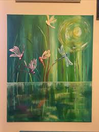 Acrylic Painting Dragonflies On A Pond