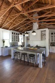 light gray kitchen with truss ceiling