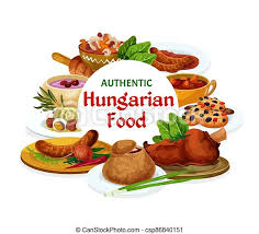 Hungary cuisine vector dishes, hungarian food.
              Hungary cuisine vector dishes chilli sausages, salad with
              egg, vegetable stew | CanStock
