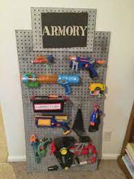 Here is a real simple diy nerf gun storage rack system for under $$20.00 bucks. Nerf Gun Wall