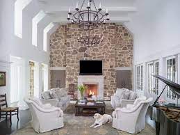stone accent wall and fireplace