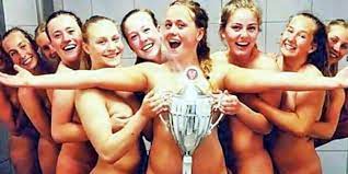 Daring cup winners pose together for a naked team selfie in shower with  trophy 