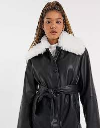 Black Leather Coat With Fur Collar On