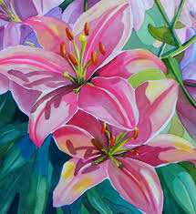 Almost Finished Pink Lily Flower Watercolor Painting - P.J. Cook Artist  Studio